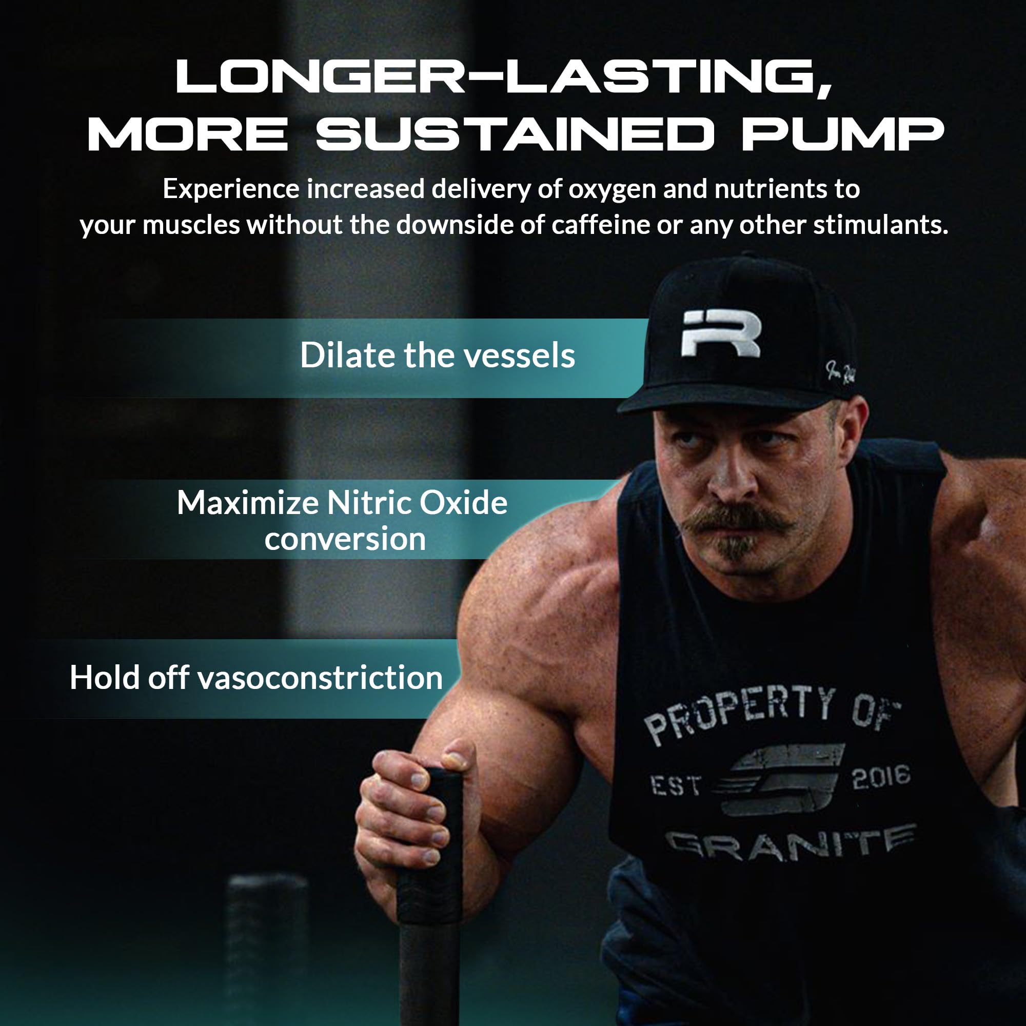 Granite Supplements Vaso Blast extended-pump graphic implying sustained flow through tough sets.