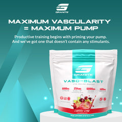 Granite Supplements Vaso Blast label-closeup highlighting cherry lime flavor and clean pumps