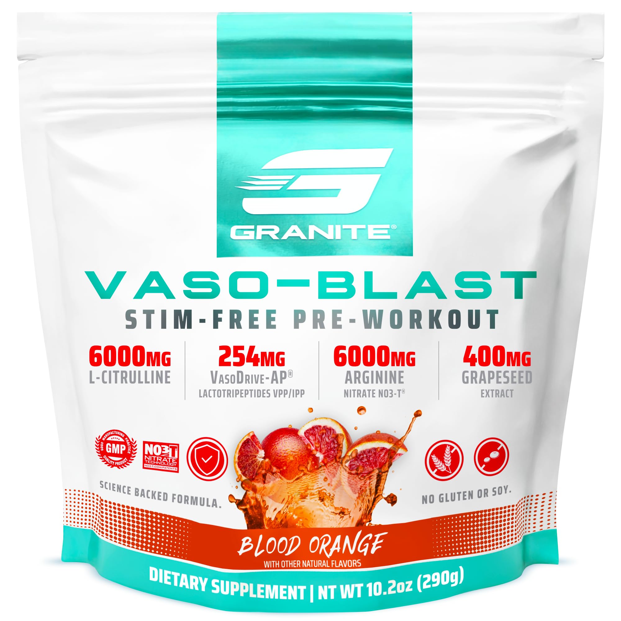 Granite Supplements Vaso Blast pump action close-up showing enhanced nitric oxide support for fuller pumps.