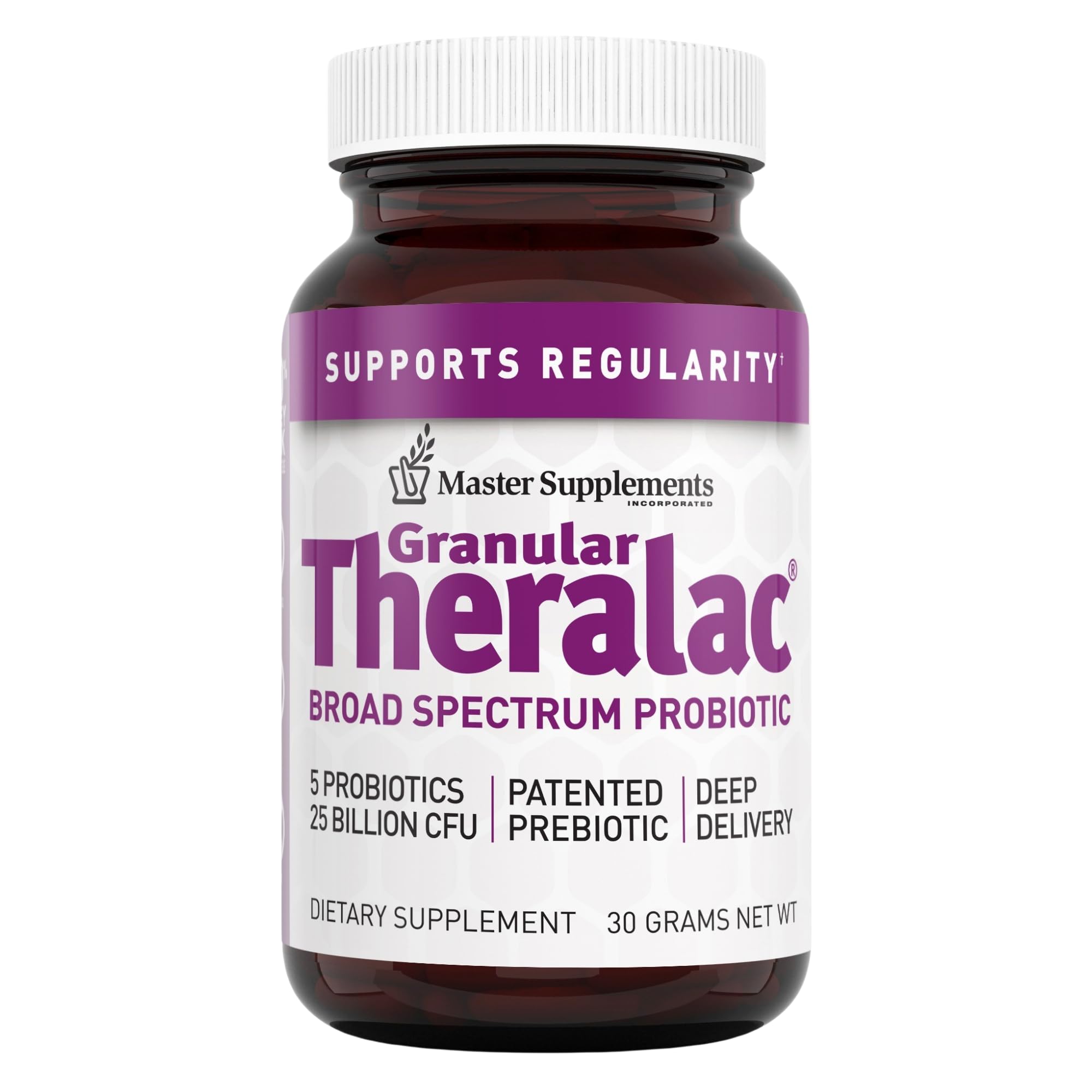 Granular Theralac bottle front shows vegan probiotic supplement for gut support.