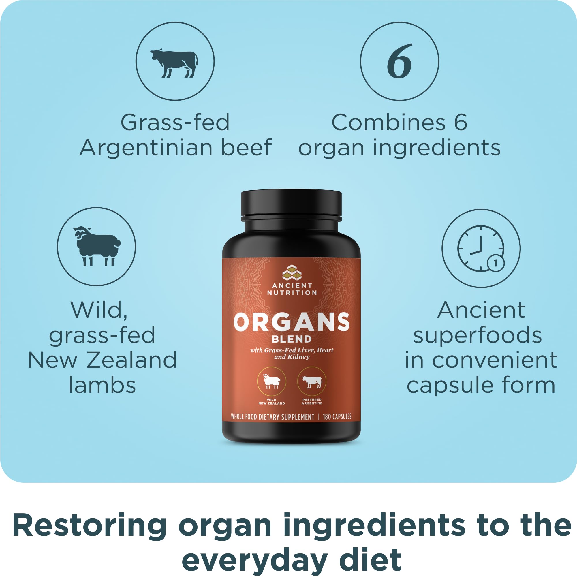 Ancient Nutrition grass-fed bovine organs from Argentina support nutrient density.