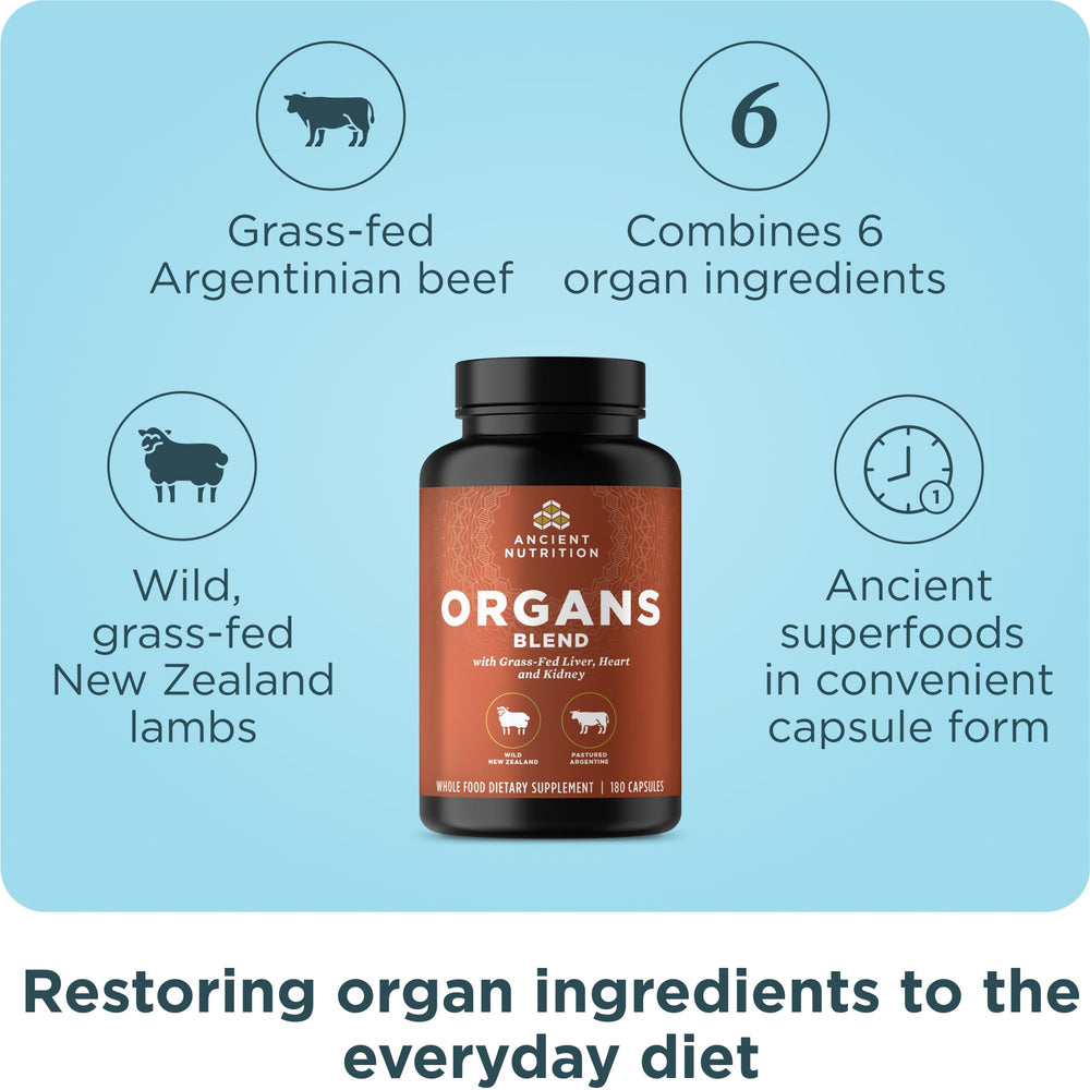 Ancient Nutrition grass-fed bovine organs from Argentina support nutrient density.