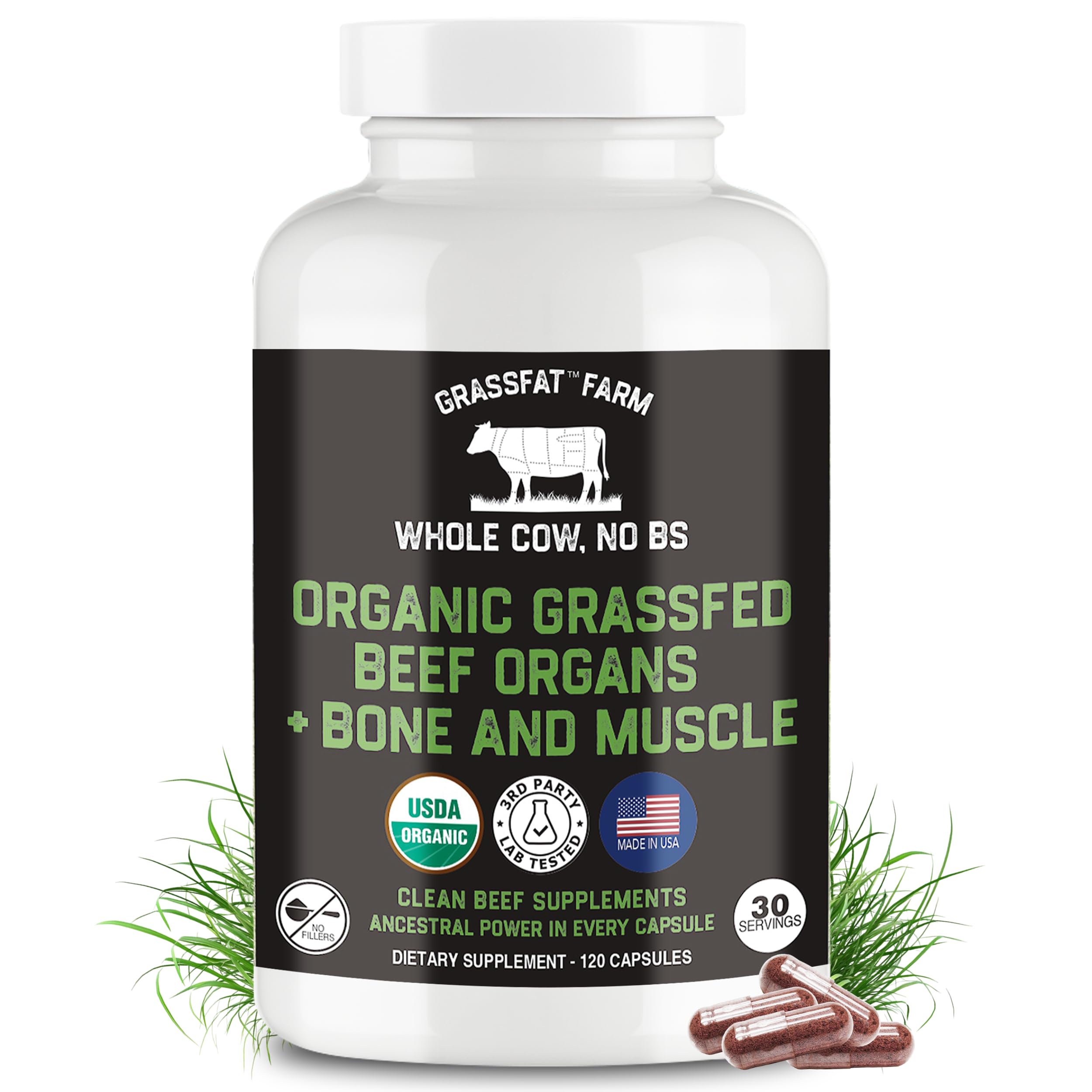 Grassfat beef organs supplement bottle showing 30 servings for daily nutrition