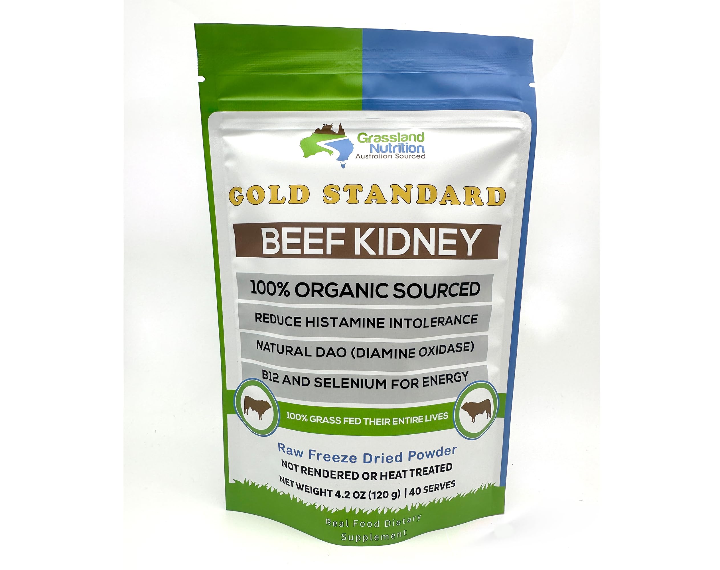 Grassland Nutrition beef kidney freeze-dried package, showcasing organic sourcing and premium look for daily use