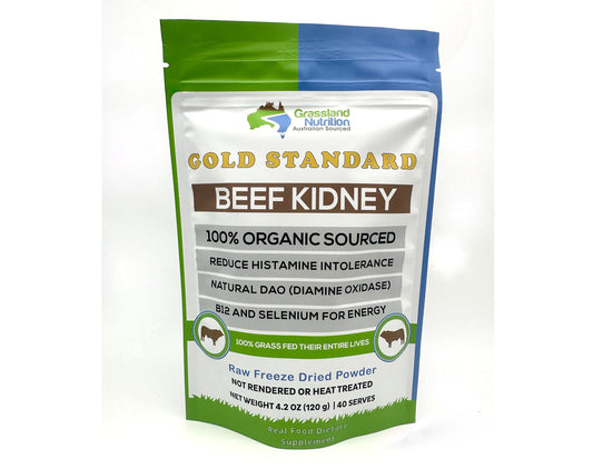 Grassland Nutrition beef kidney freeze-dried package, showcasing organic sourcing and premium look for daily use