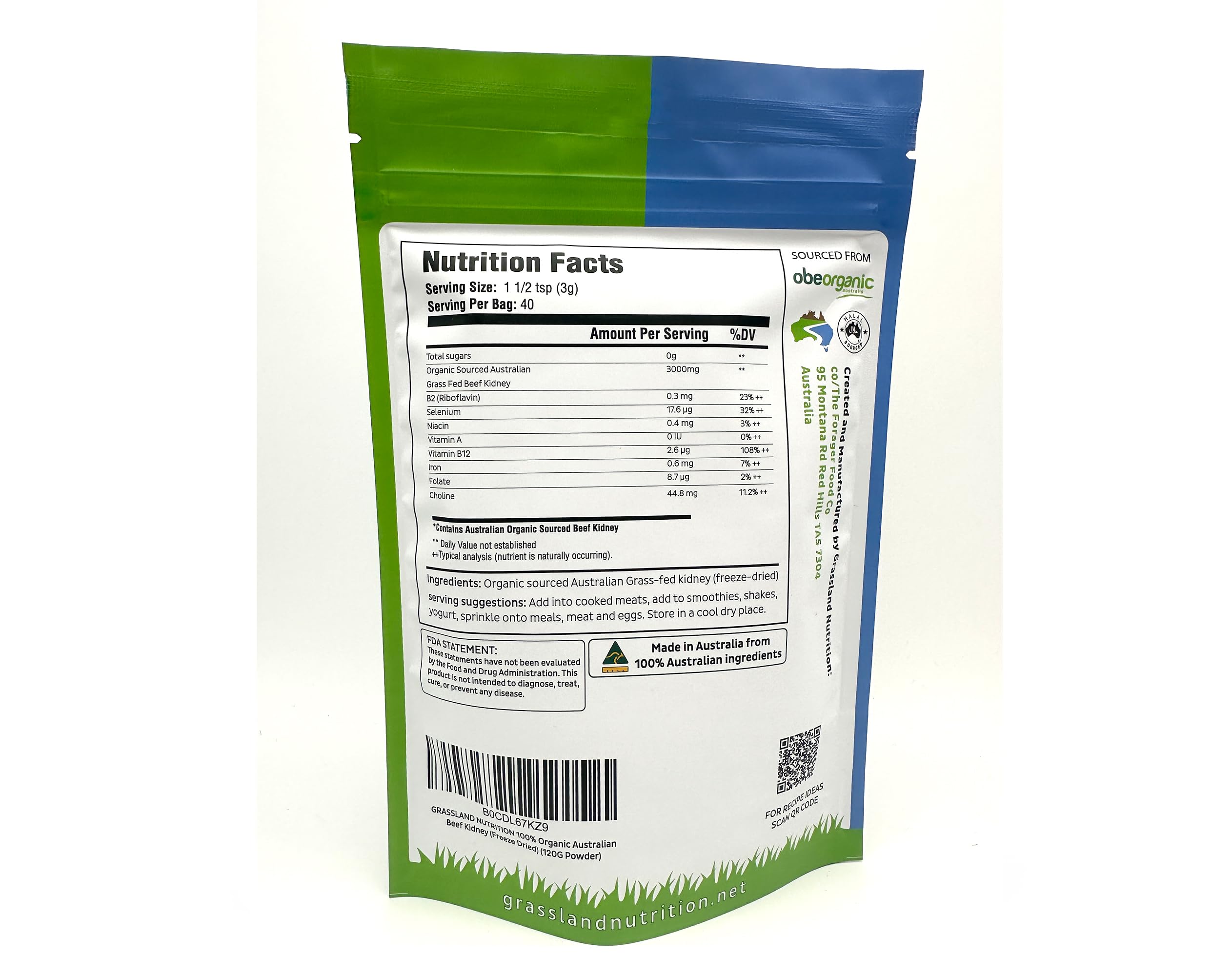 Grassland Nutrition beef kidney freeze-dried powder close-up highlighting granular texture for easy mixing