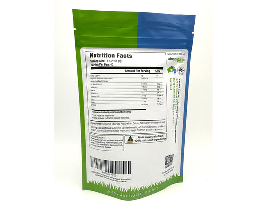 Grassland Nutrition beef kidney freeze-dried powder close-up highlighting granular texture for easy mixing
