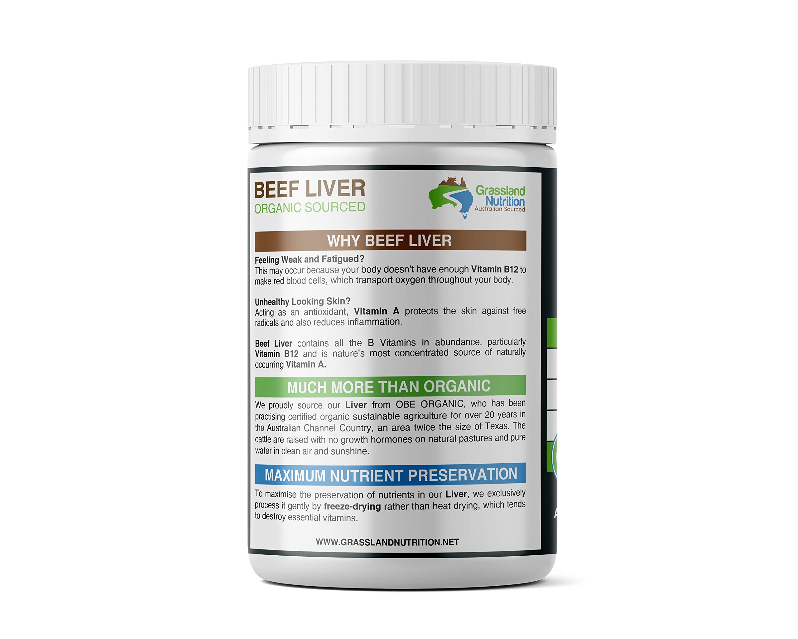 Grassland Nutrition Beef Liver capsules close-up highlighting nutrient density