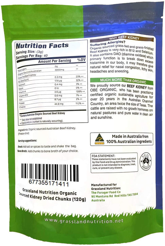 Grassland Nutrition Organic Kidney Freeze Dried Chunks closeup highlighting texture and protein-rich snack