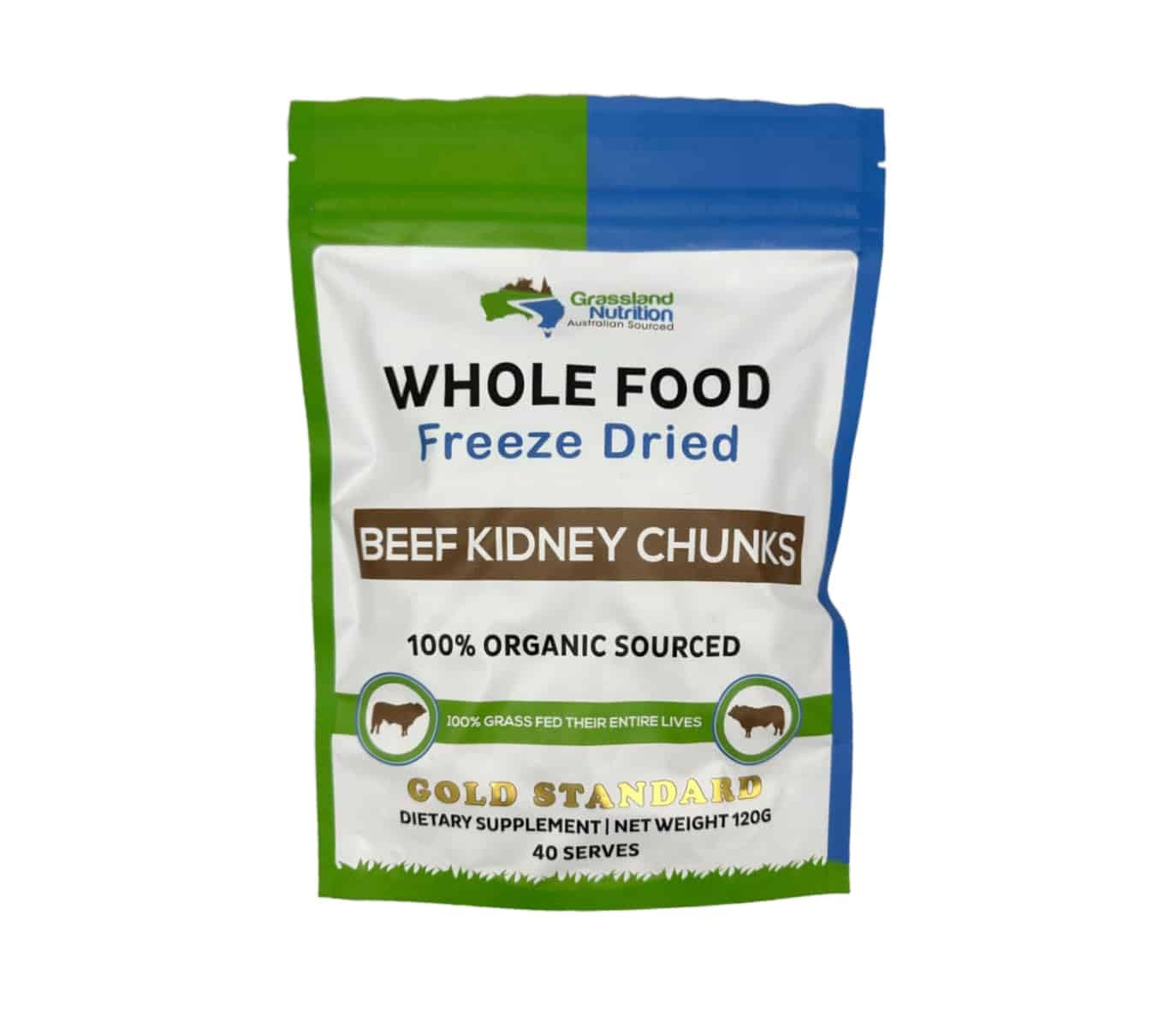 Grassland Nutrition Organic Kidney Freeze Dried Chunks pack highlighting premium sourcing for kidney and urinary support