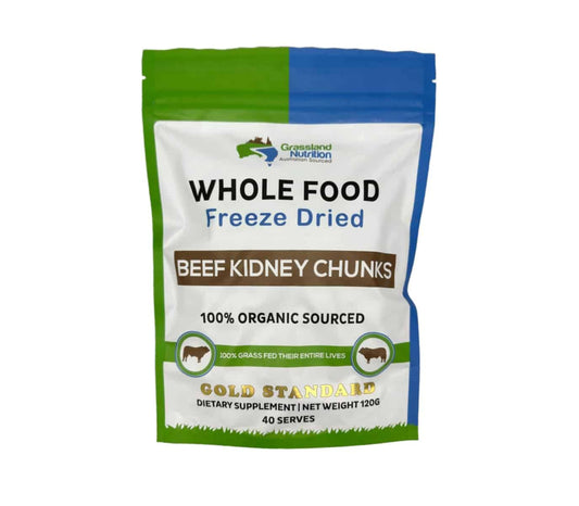 Grassland Nutrition Organic Kidney Freeze Dried Chunks pack highlighting premium sourcing for kidney and urinary support