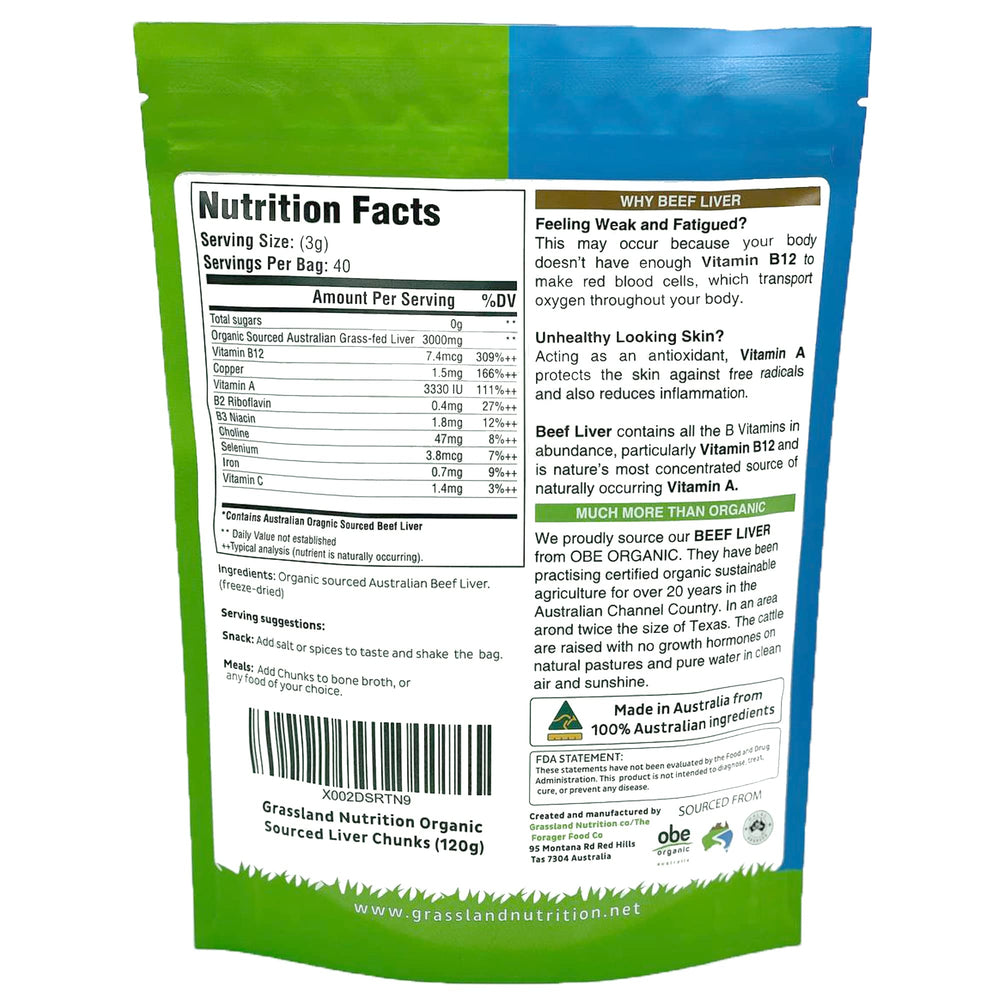 GRASSLAND NUTRITION liver chunks bite closeup, rich in B12 and iron for daily energy.