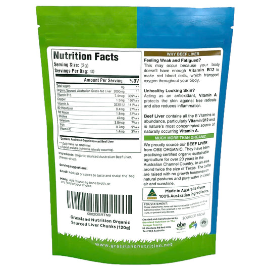 GRASSLAND NUTRITION liver chunks bite closeup, rich in B12 and iron for daily energy.