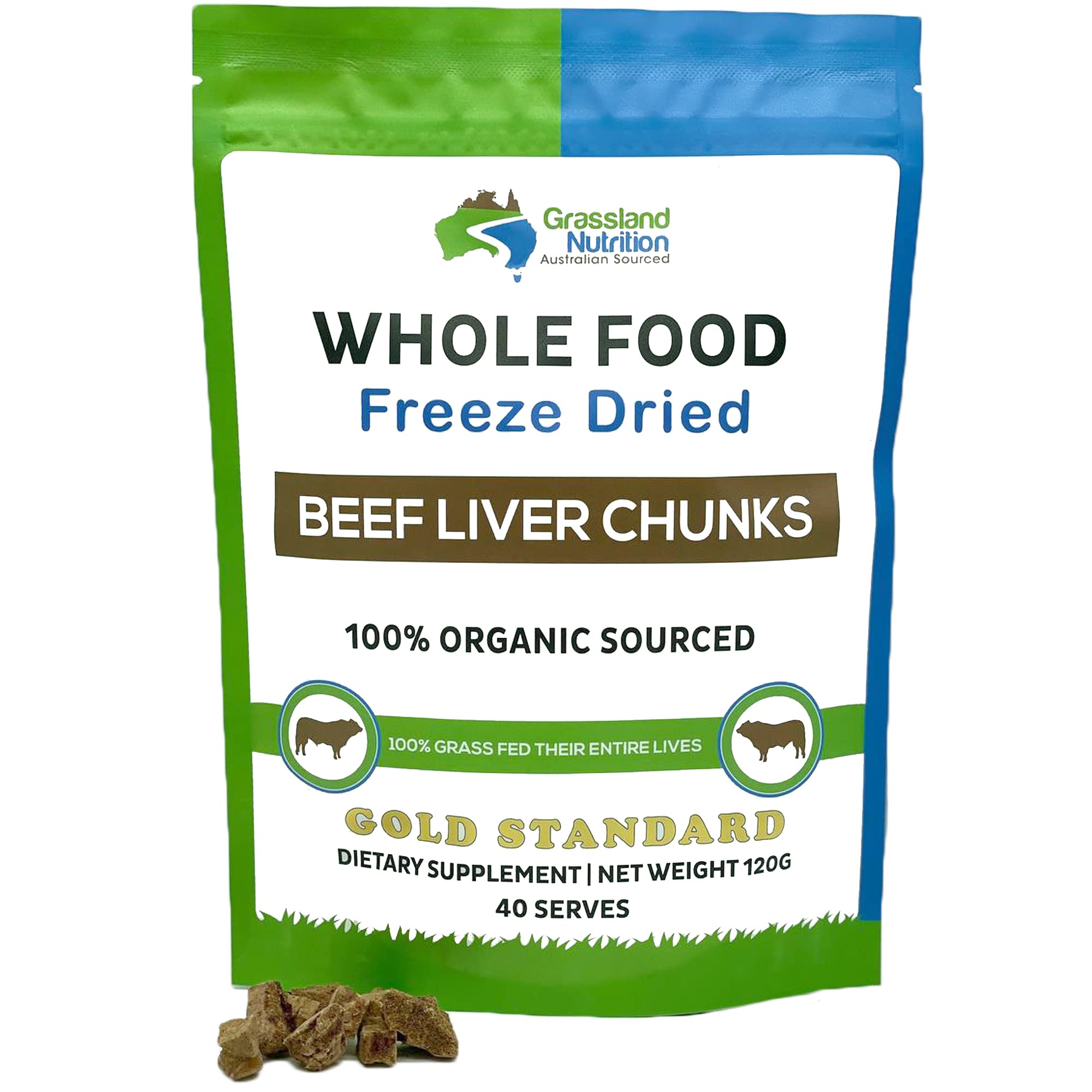 GRASSLAND NUTRITION organic liver chunks packshot, shelf-stable snack from grass-fed Australian cattle.