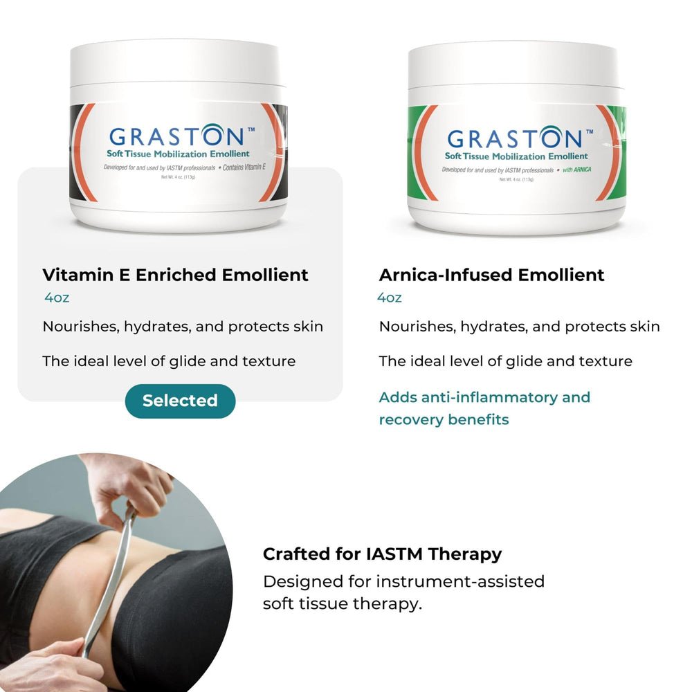 Graston quick absorption emollient for professional therapy sessions.