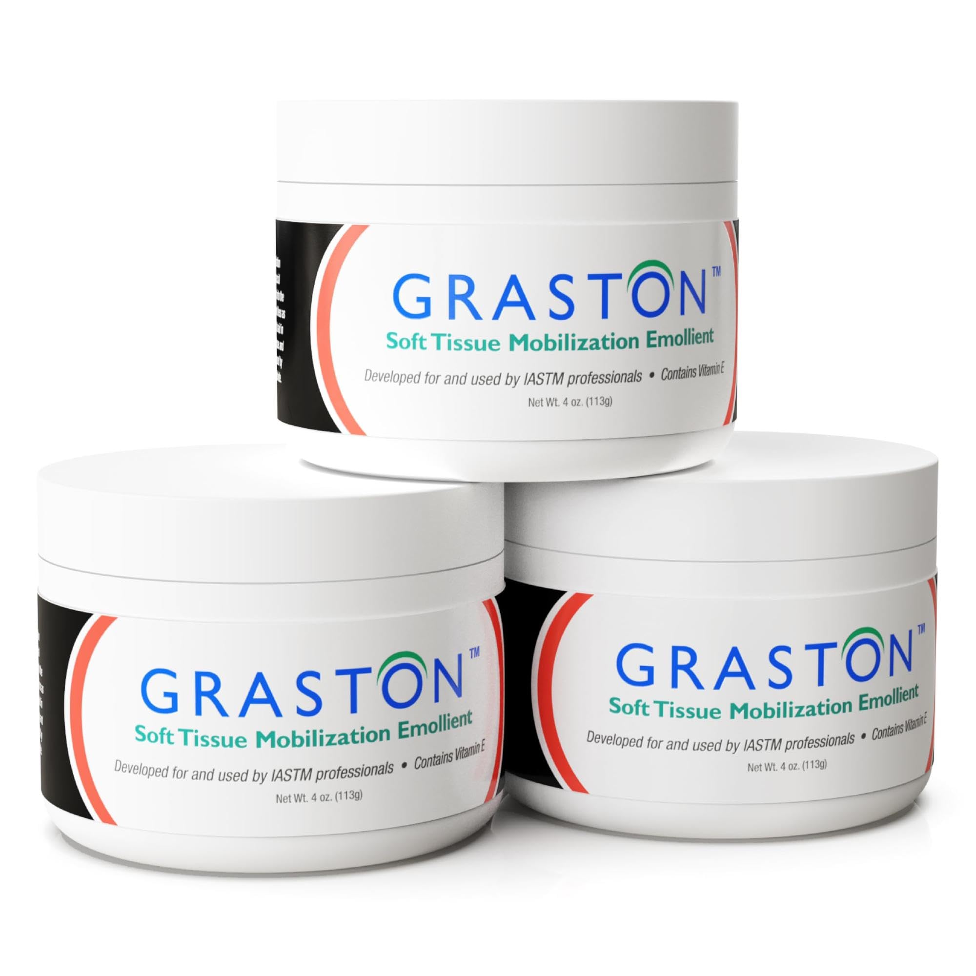 Graston vitamin E emollient cream jar for therapy sessions, smooth glide.