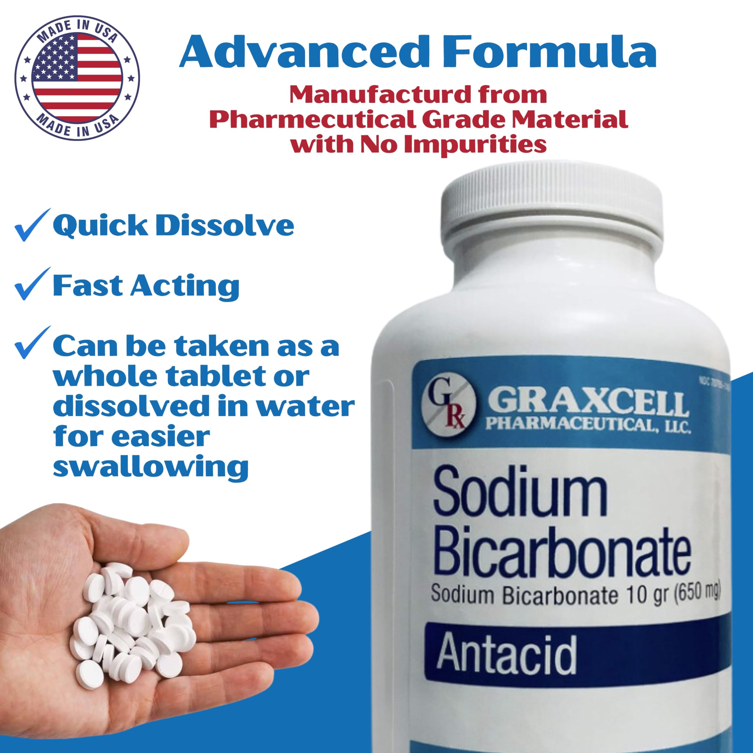 Graxcell 650mg tablets blister pack close-up showing gentle relief for sensitive stomachs.