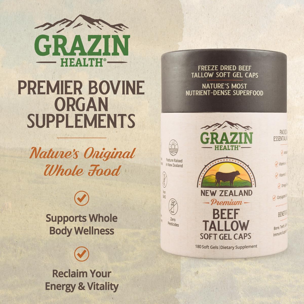 GRAZIN HEALTH beef tallow capsules close-up, easy-to-take daily capsules for convenient meal-time supplementation.