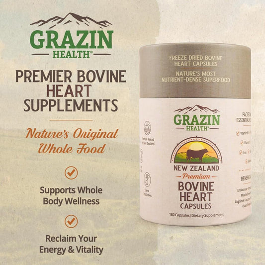 GRAZIN HEALTH coq10-iron-b12 formula bottle emphasizes energy production and healthy red blood cell support