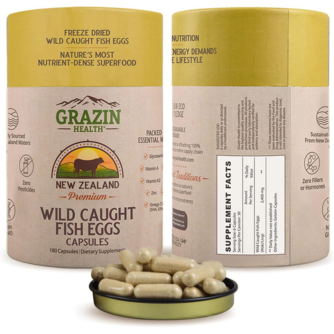 Grazin Health fish eggs capsules bottle pour for daily omega-3