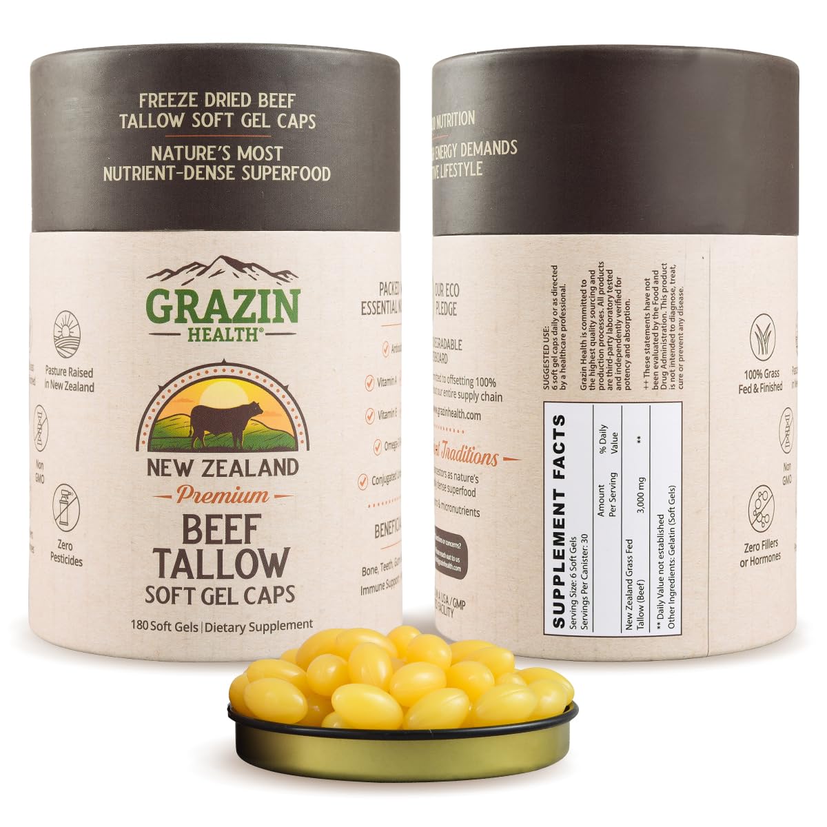 GRAZIN HEALTH grass-fed beef tallow capsules bottle for daily wellness.