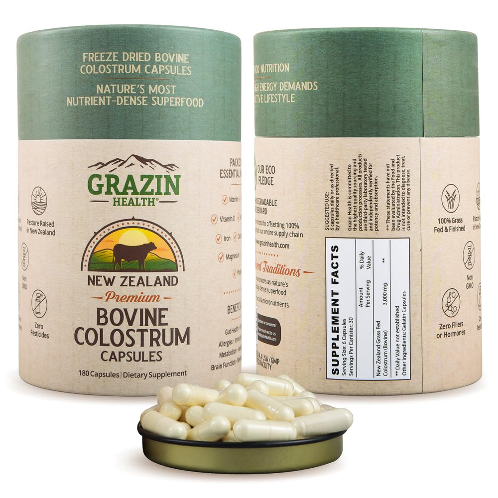 GRAZIN HEALTH grass-fed bovine colostrum bottle for daily digestive support.