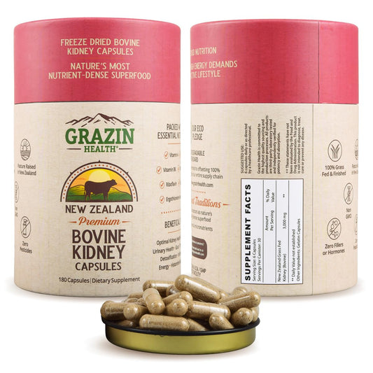 Grazin Health grass-fed bovine kidney capsules bottle showing 3000mg strength for daily support.