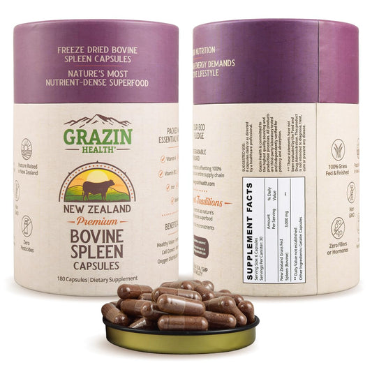 GRAZIN HEALTH grass-fed bovine spleen capsules front label for daily nutrient support.