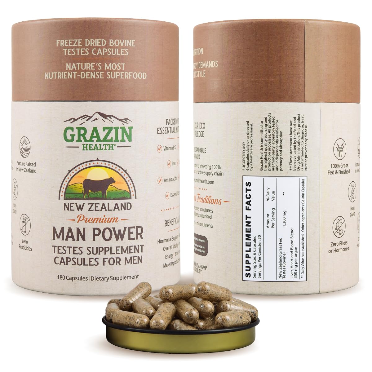 GRAZIN HEALTH grass-fed bovine testes capsules bottle front for daily vitality
