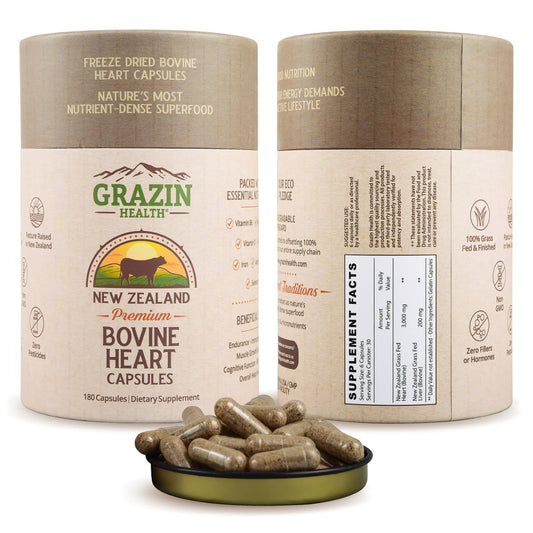 GRAZIN HEALTH grass-fed heart-liver capsules show 3000 mg heart blend for energy support