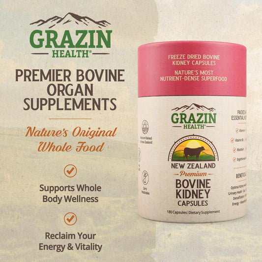 Grazin Health kidney capsules closeup highlighting rich nutrition from whole-food organs.