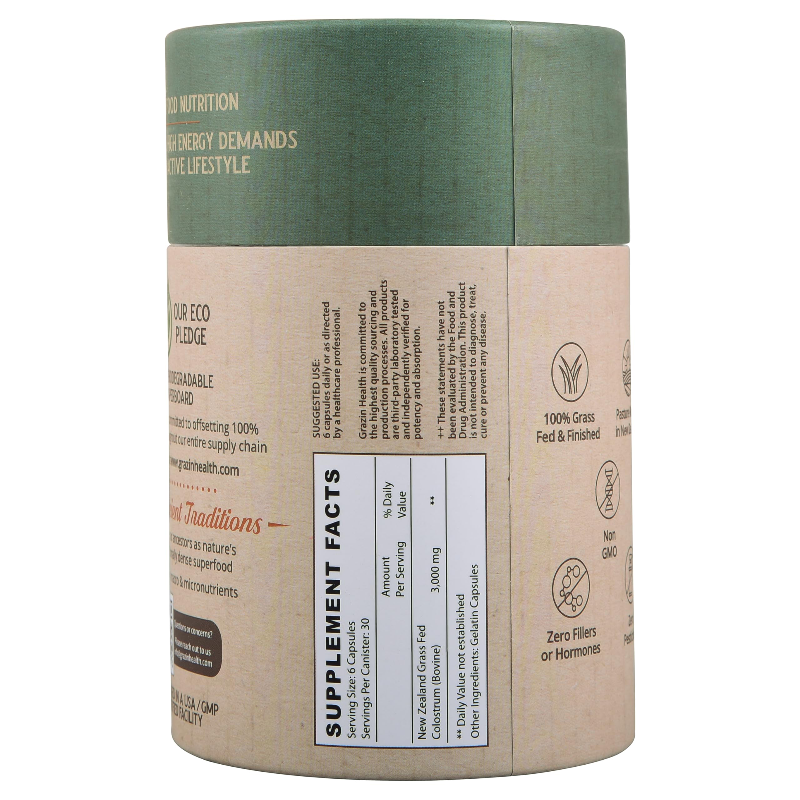 GRAZIN HEALTH New Zealand grass-fed source signaling premium quality.