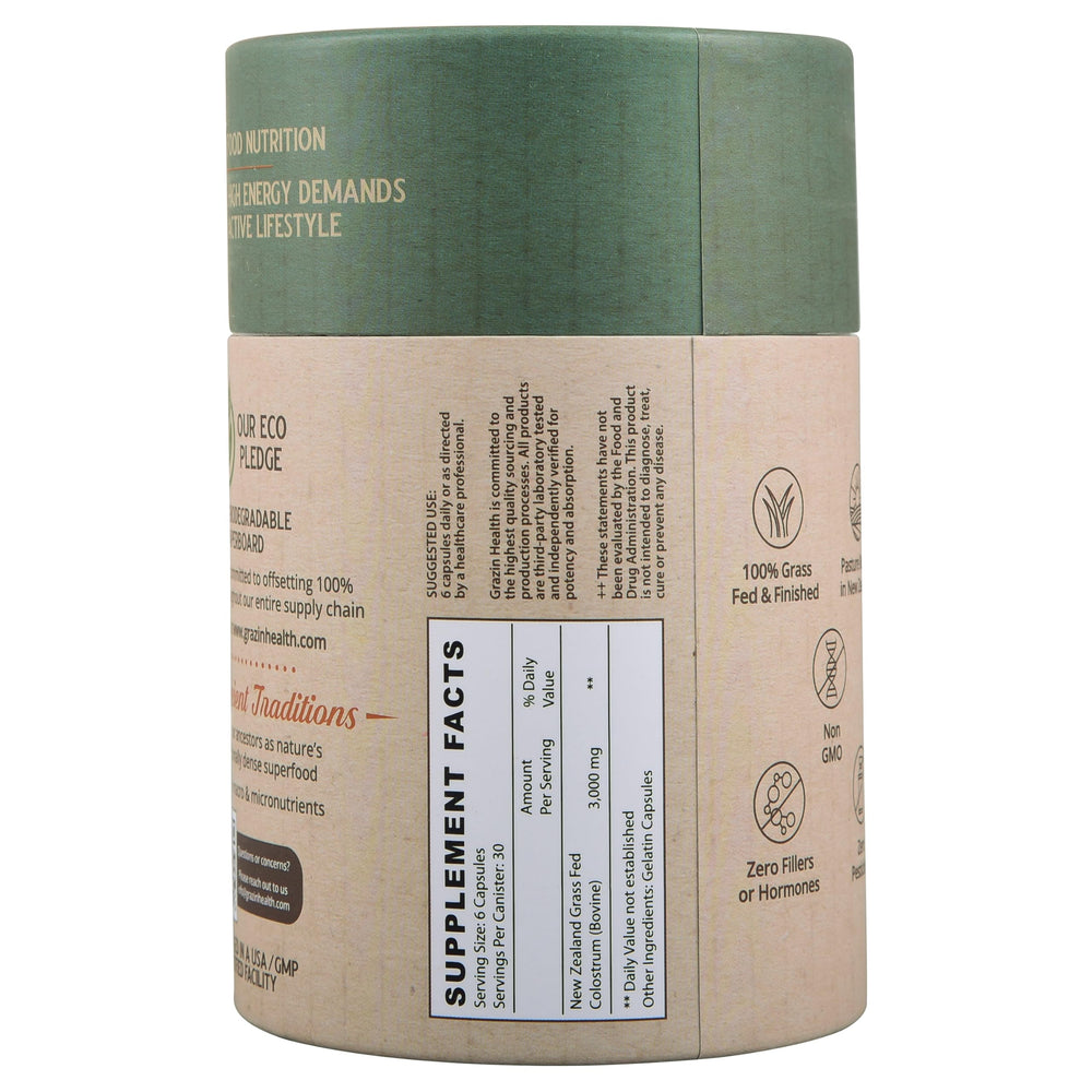 GRAZIN HEALTH New Zealand grass-fed source signaling premium quality.