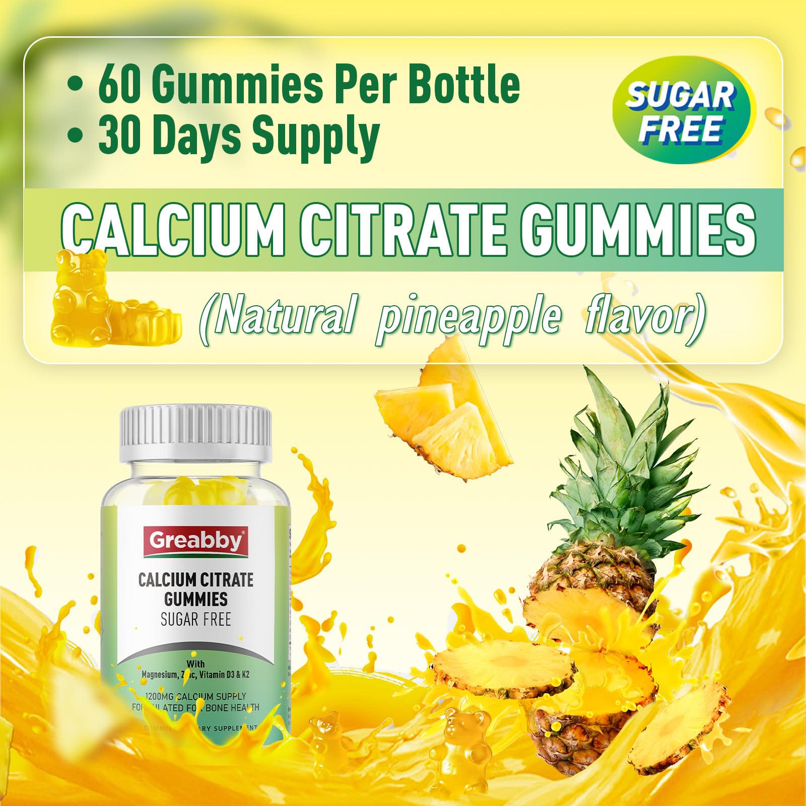 GREABBY pineapple-flavor gummies close-up highlights natural taste.