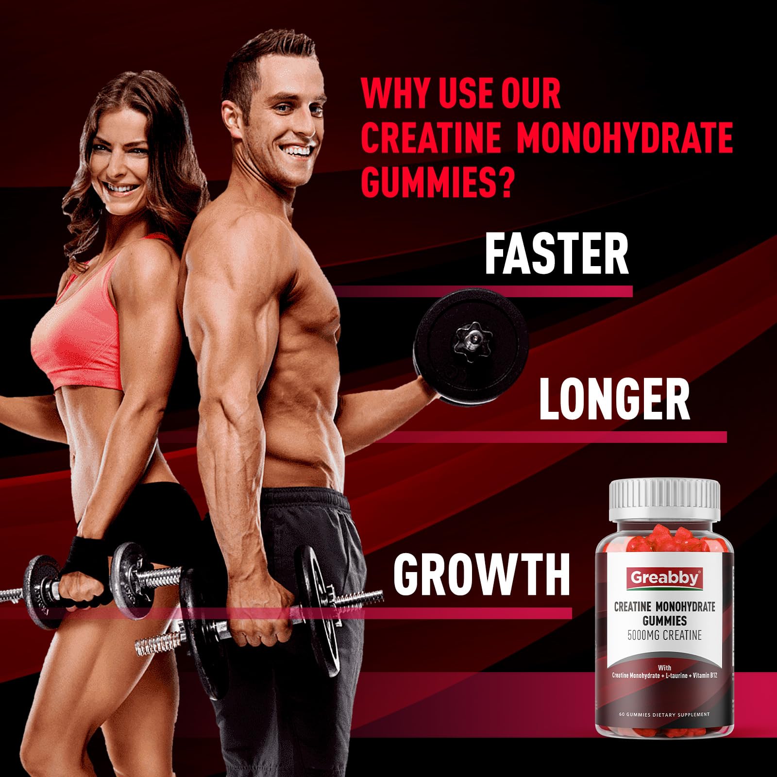 GREABBY Creatine Monohydrate Gummies bottle shown for easy daily dosing