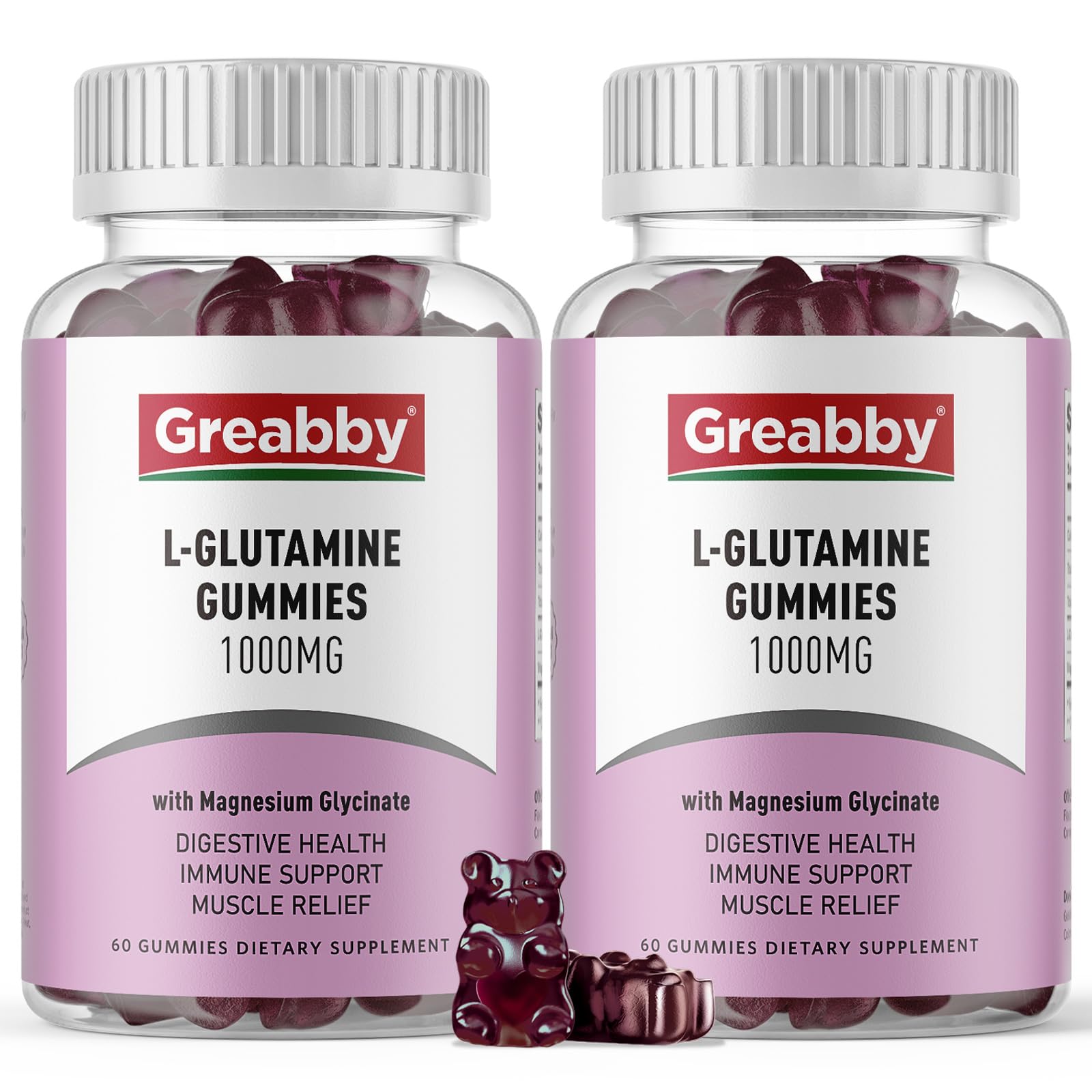GREABBY L-Glutamine gummies bottle front showing 1000mg per serving for immune support