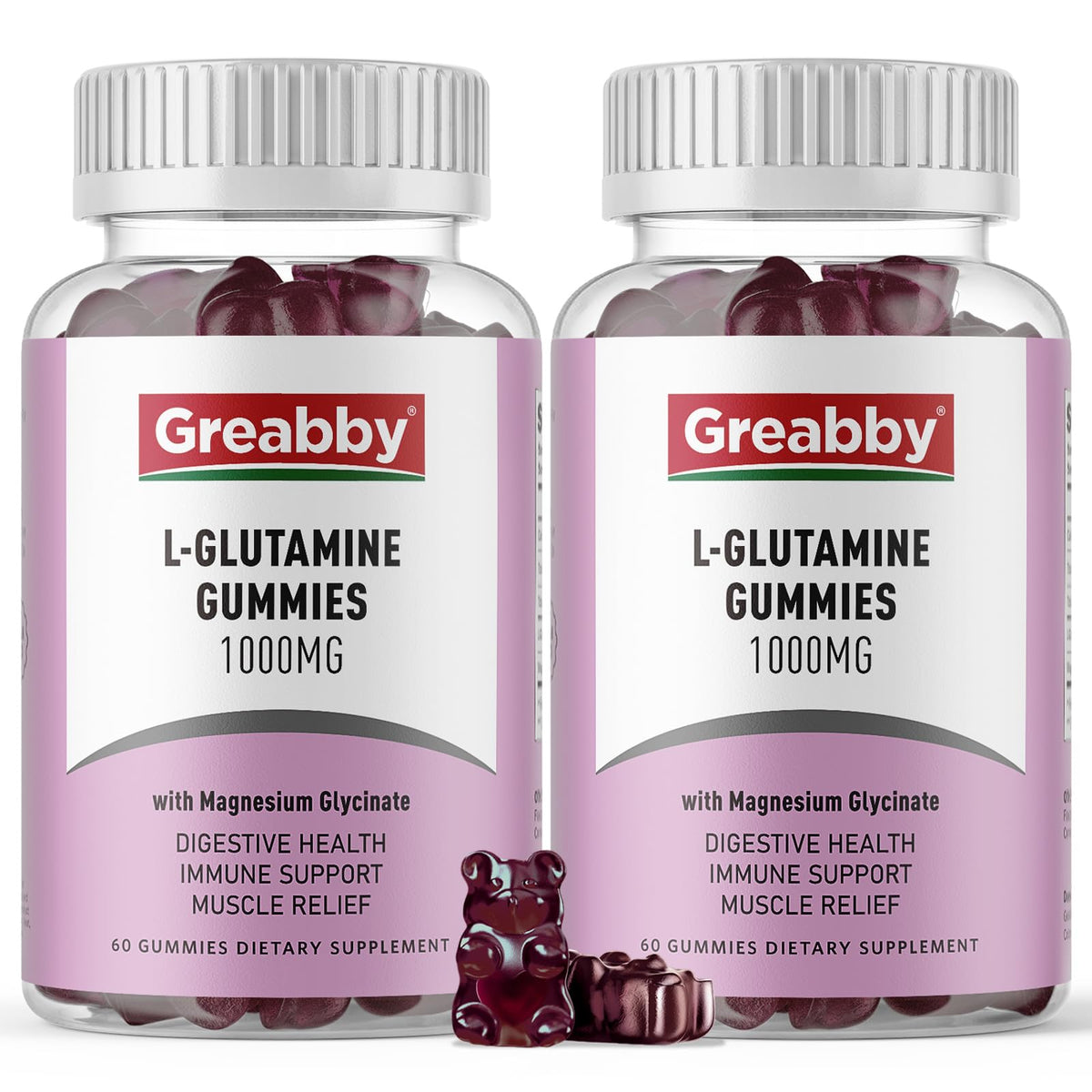 GREABBY L-Glutamine gummies bottle front showing 1000mg per serving for immune support