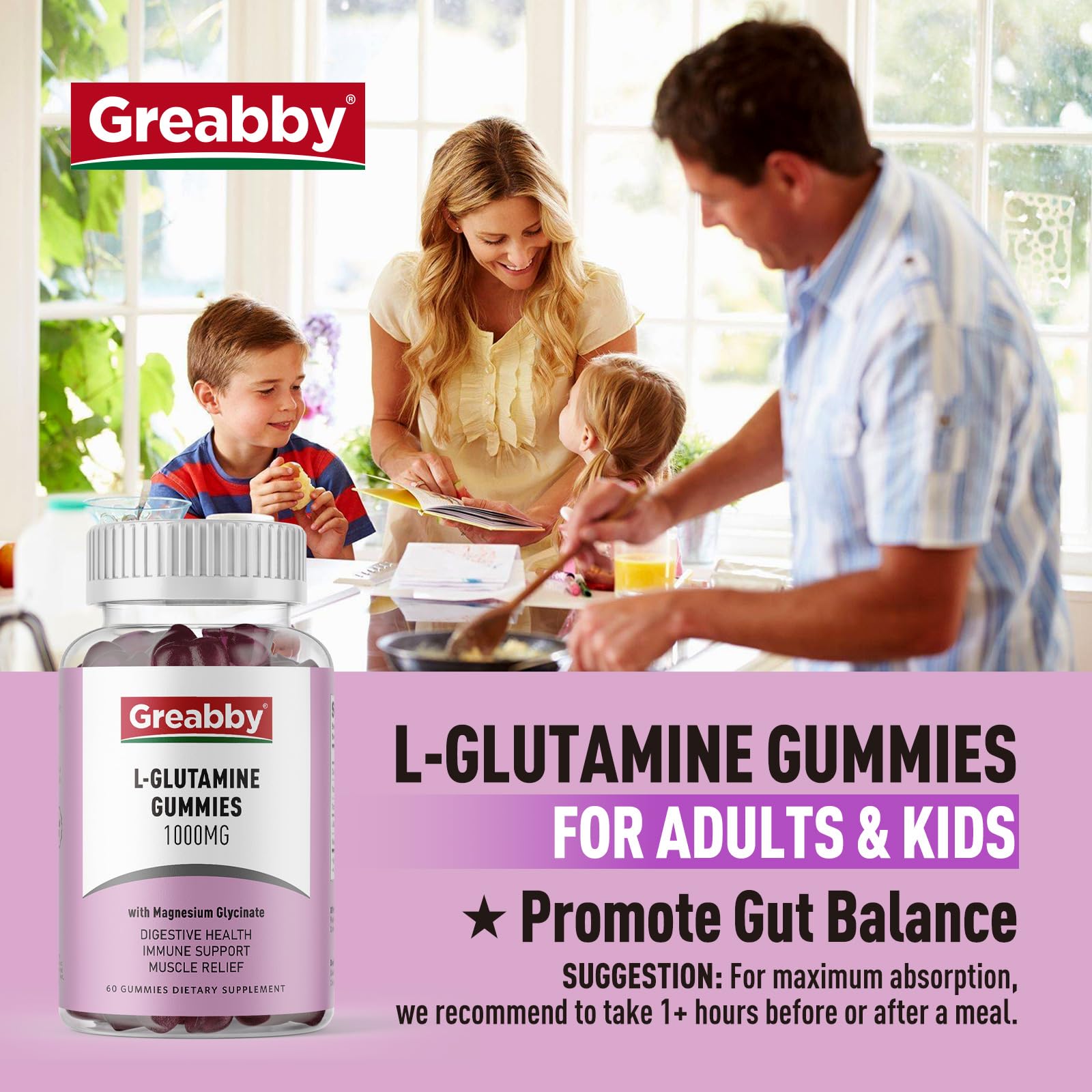 GREABBY L-Glutamine gummies bottle open with two gummies ready to chew