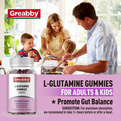 GREABBY L-Glutamine gummies bottle open with two gummies ready to chew