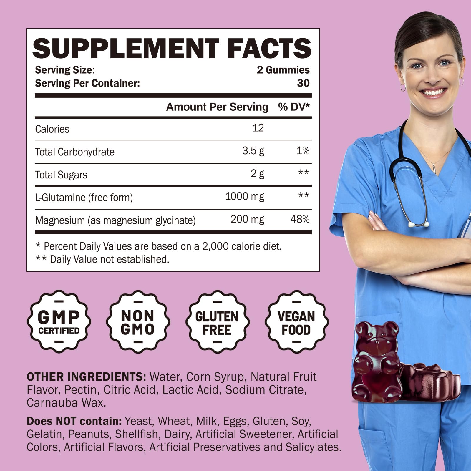 GREABBY L-Glutamine gummies label close-up highlighting vegan, gluten-free and non-GMO features