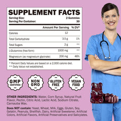 GREABBY L-Glutamine gummies label close-up highlighting vegan, gluten-free and non-GMO features