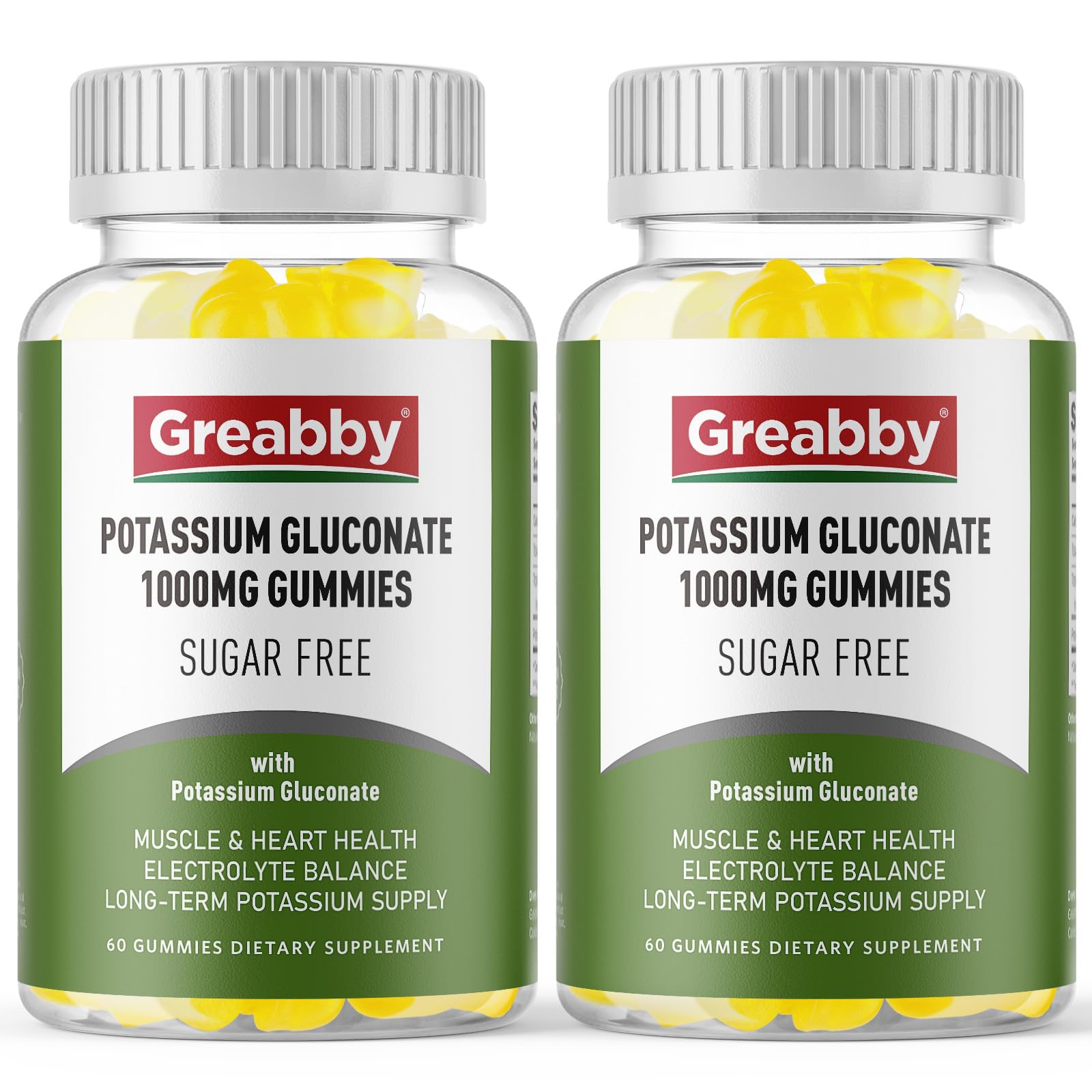 GREABBY potassium gluconate 1000 mg bottle supports daily electrolyte balance for active adults.