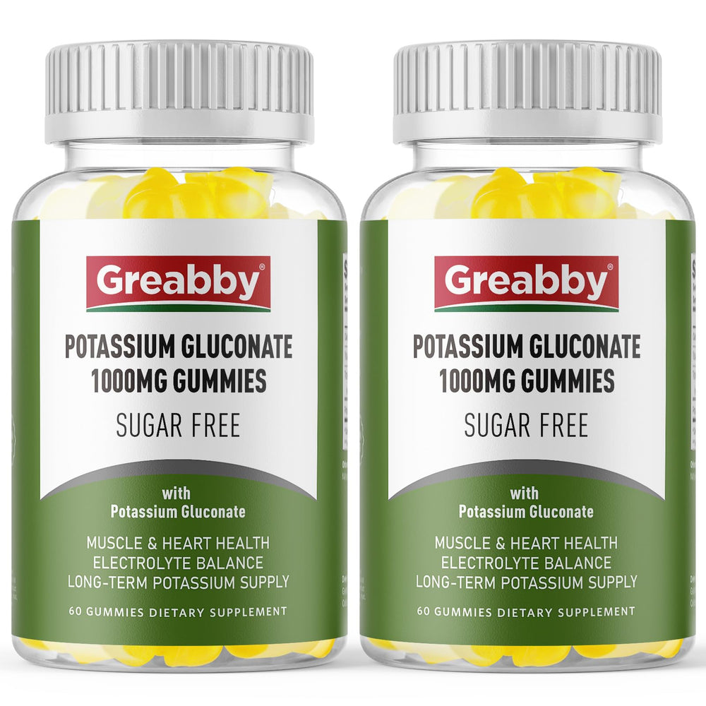 GREABBY potassium gluconate 1000 mg bottle supports daily electrolyte balance for active adults.