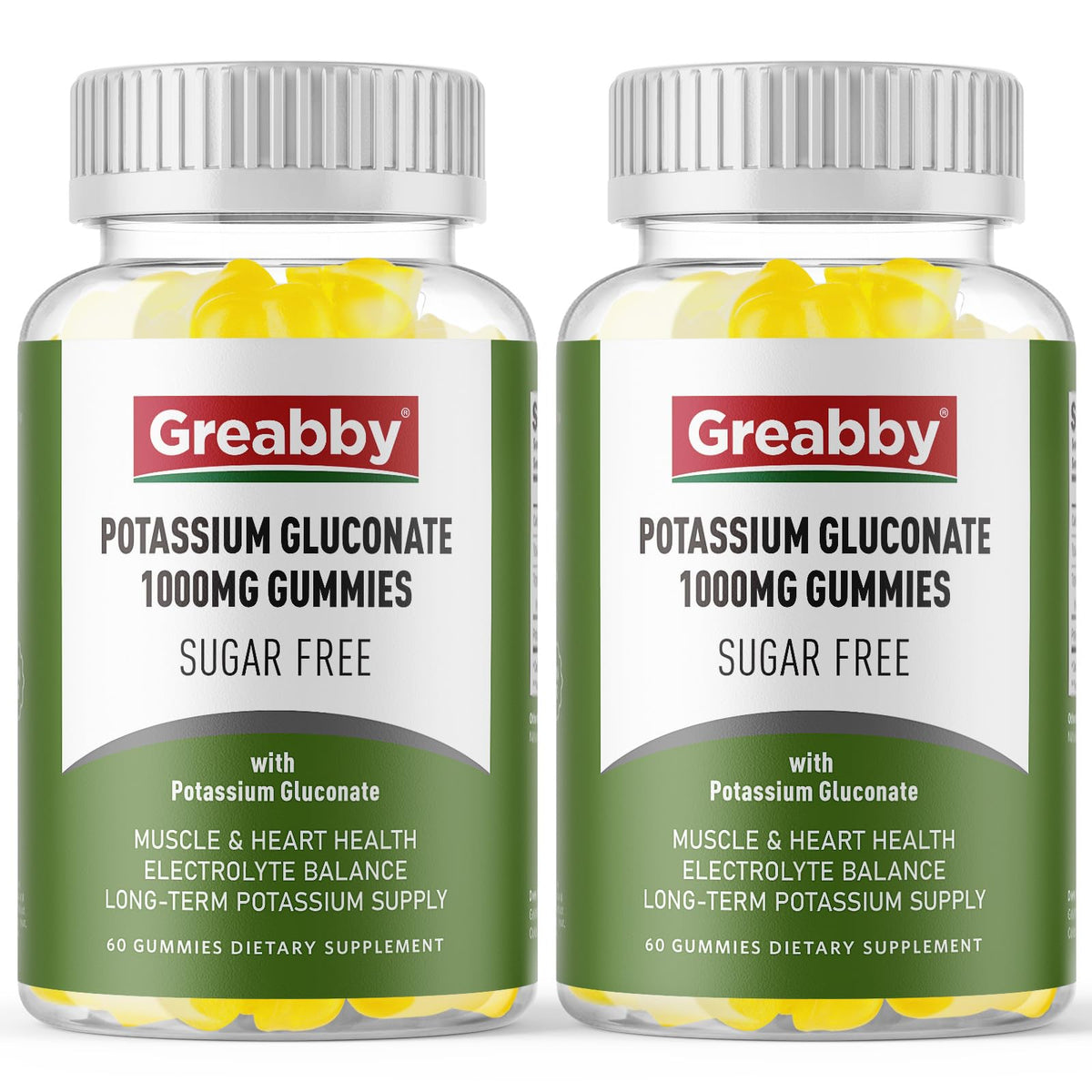 GREABBY potassium gluconate 1000 mg bottle supports daily electrolyte balance for active adults.