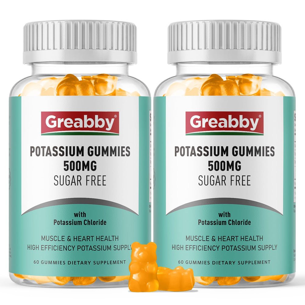 GREABBY potassium gummies 500mg bottle front showing electrolyte balance support.