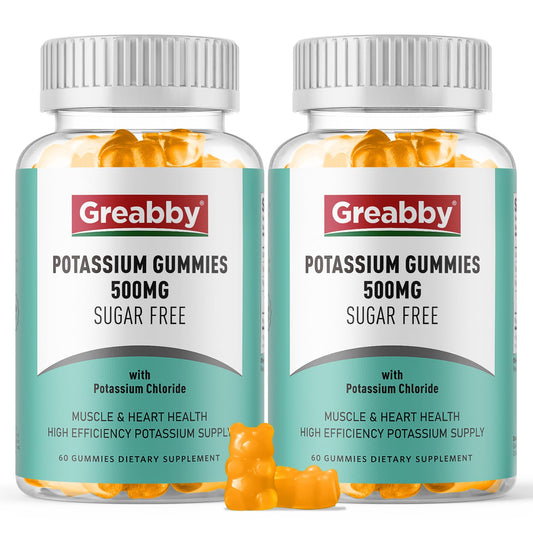 GREABBY potassium gummies 500mg bottle front showing electrolyte balance support.