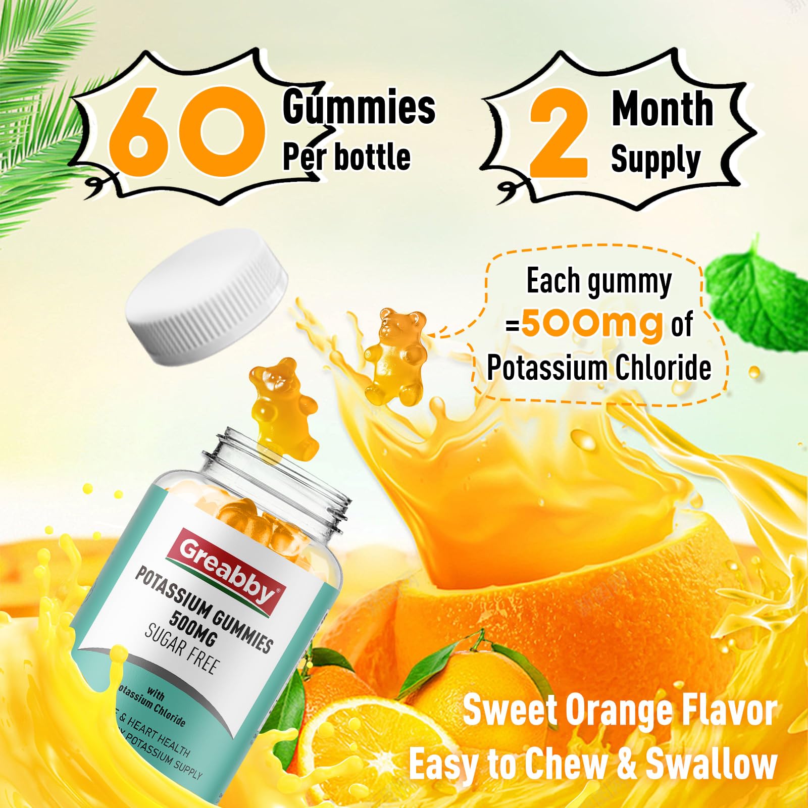 GREABBY potassium gummies close-up texture highlights chewy, easy-to-digest form.