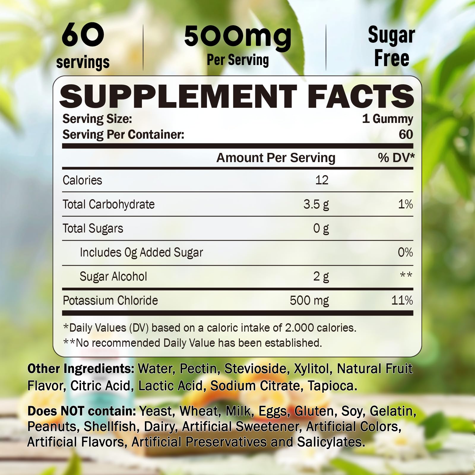 GREABBY potassium gummies label details indicate 500mg per gummy.