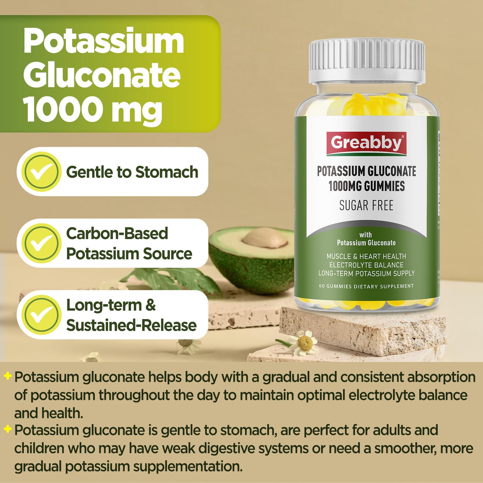 GREABBY sugar-free gummies illustrate easy daily potassium supplementation for adults.