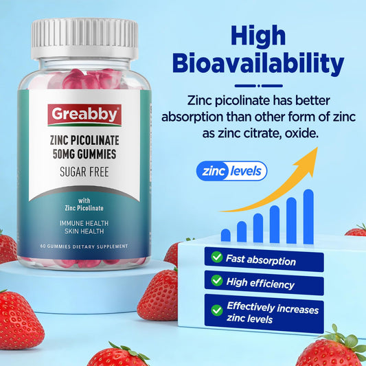 Greabby Zinc Gummies provide 50 mg of zinc picolinate per two gummies